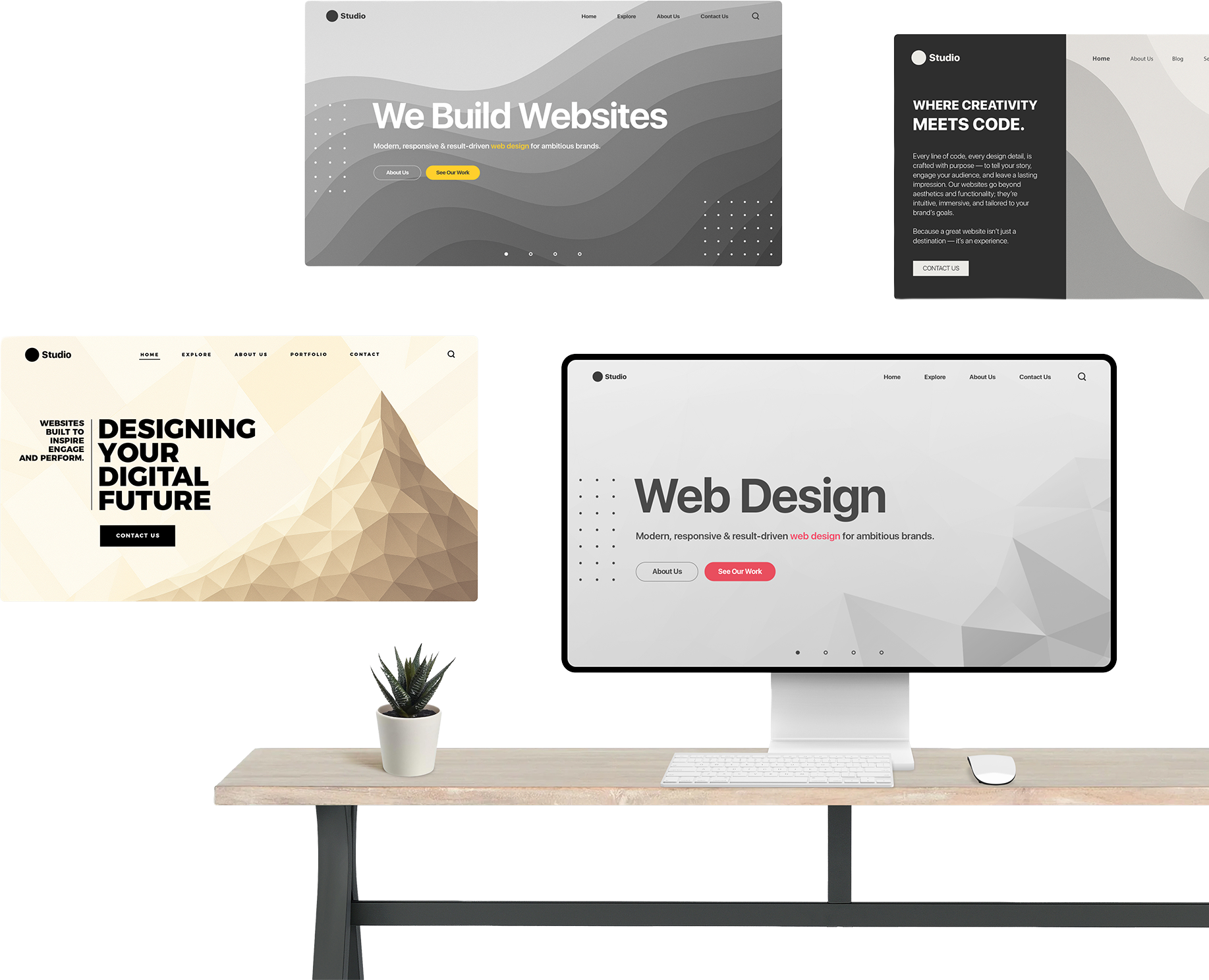 Website design mockups on desktop screens